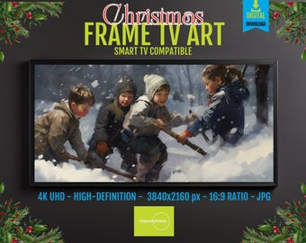 Samsung Frame TV Art – Children Playing in Snow, Joyful Holiday Winter Scene, 4K UHD Digital Download, Festive Christmas Display