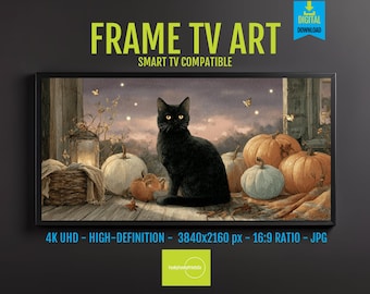 Samsung Frame TV Art: Black Cat, Pumpkins, Autumn Porch (4K Digital Download)