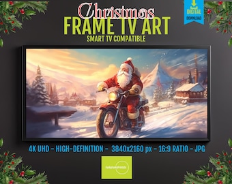 Christmas Motorcycle Santa Frame TV Art - Kris Kringle Biker | Snowy Path | 4K HD Screensaver | Digital Download