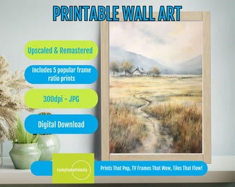 Rustic Farmhouse Landscape PRINTABLE Wall Art - Serene Countryside Path Digital Download, Peaceful Home Decor, Watercolor Style Art