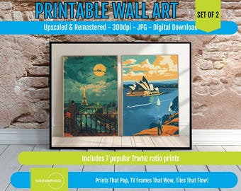 Vintage Travel Art Set Sydney Opera House & Paris Eiffel Tower PRINTABLE Wall Art Digital Download Retro Wall Decor for Travel Lovers