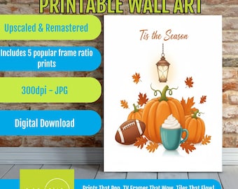Christian Wall Art Printable: Autumn Pumpkins, Football, Vintage Lantern, Warm Colors, Cozy Digital Illustration Decor