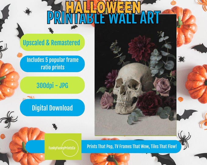 Featured listing image: Floral Skull Art Print, Realistic Christian Decor (Digital Download)