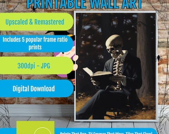 Spooky Skeleton Wall Art, Dark Academia Halloween Printable, Gothic Skeleton Reading Decor, Vintage Halloween Art, Gothic Home Decor
