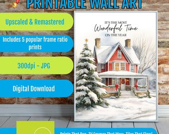 Christmas Watercolor House Art, Printable Holiday Wall Decor, Digital Download for Festive Home Decor, Seasonal Printable Art