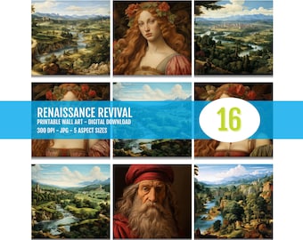 Renaissance Portrait Print Set – Botticelli Style Medieval Landscape, Italian Art PRINTABLE, Old Master Wall Art, 16 Prints