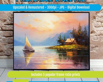Evergreen Trees Printable Art for Serene Nature Scenery, Cozy Cabin & Sailboat, Tranquil Mountain Lake Landscape Digital Download