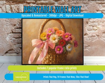 Flower Basket Arrangement Art Print for Cozy Home Decor – Colorful Spring Floral Wall Art, Nature Inspired Digital Download Gift