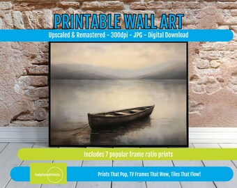 Moody Lake Wall Art PRINTABLE Rustic Boat Print Tranquil Nature Photography, Misty Hills, Serene Home Decor, Instant Download