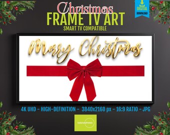 Merry Christmas Big Red Bow Farmhouse Art - Samsung Frame TV Decor | 4k HD Digital Download | Holiday TV Screensaver