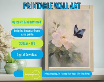 Pink Rose and Butterfly Wall Art – Romantic Floral Nature Poster, Ethereal Garden Scene, Vintage Botanical Printable Decor, Digital Download