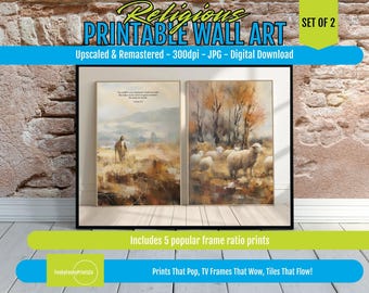 Faith Wall Art Shepherd Painting – Watercolor Psalm 23 Pastoral Nature Scene, Spiritual Home Decor, Religious Gift, Serene Sheep Print
