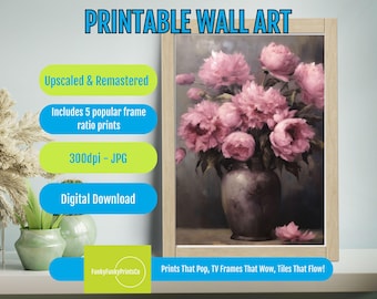 Vintage Pink Peonies Painting Floral Artwork Print - Dark Moody Art - Farmhouse Decor, PRINTABLE Wall Art, Digital Download