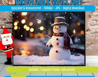 Winter Snowman Watercolor Printable Wall Art, Vintage Christmas Holiday Painting, Cottage Mantel Decor, Snowy Village Scene Poster Download