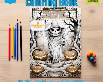 Haunted Halloween Portrait Coloring Book, Creepy Cute Art for Families, Printable Spooky PDF  (27 Pages)