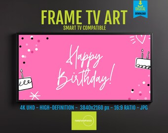 Samsung Frame TV Art Birthday Pink White Decor – Custom 4K Digital Download, Fun Party Screensaver, Personalized TV Painting