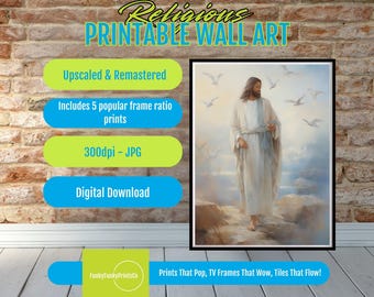 Jesus Walking with Doves Wall Art Printable, Christian Spiritual Faith Poster, Peaceful Religious Decor Digital Download Artwork