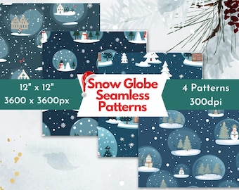 Snow Globe Seamless Pattern Set of 4 | Digital Pattern | Christmas Snow Globes Seamless File | Digital Paper | Fabric Downloadable Design