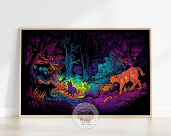 Forest Animals Black Light Art, Vintage Blacklight Poster, Wild Animal Printable Wall Art, Bright Eyes, Blacklight Art, Wall Decor