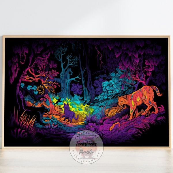 Animaux de la forêt Black Light Art, affiche vintage Blacklight, art mural imprimable d’animaux sauvages, yeux brillants, art de la lumière noire, décoration murale