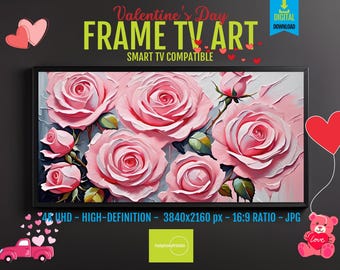 Valentines Day Frame TV Art, Romantic Pink Rose Bouquet, Digital 4K UHD Smart Tv Compatible Artwork, HD Screensaver, Instant Download