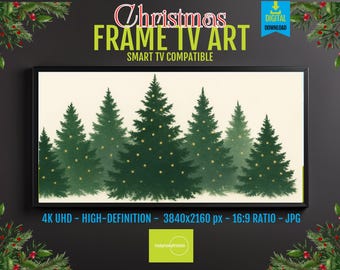 Samsung Frame TV Art Cozy Winter Scene, Evergreen Trees with Warm Lights, 4K HD Digital Download, Holiday Screensaver Decor