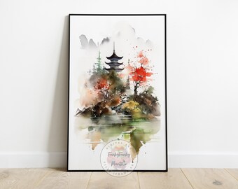 Japanese Decor Printable Art, Watercolor Landscape Digital Poster, Perfect for Home or Office Decor, Ideal Gift for Zen Enthusiasts