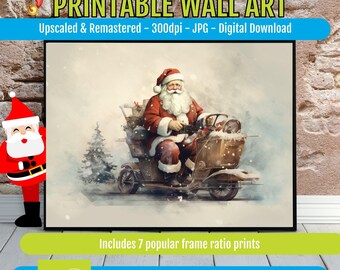 Santa on Scooter Art PRINTABLE - Modern Christmas Wall Art, Instant Digital Download, Farmhouse Holiday Decor