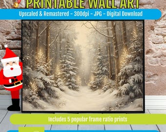 Snowy Forest Christmas Wall Art Printable, Cozy Winter Landscape Poster, Rustic Nordic Cabin Decor, Holiday Mantel Gallery, Instant Download