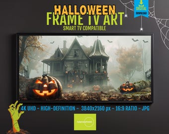 Spooky Halloween TV Art: Haunted House and Pumpkin Scene (4K Digital)