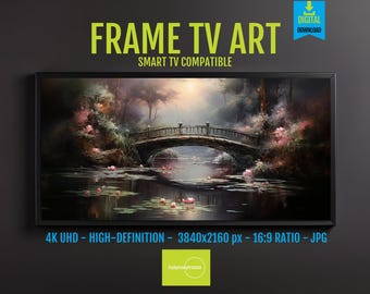 Moonlit Landscape Art Download 4K UHD for Samsung Frame TV—Serene Nature, Graceful Bridge, Pink Flowers, Instant Digital Art