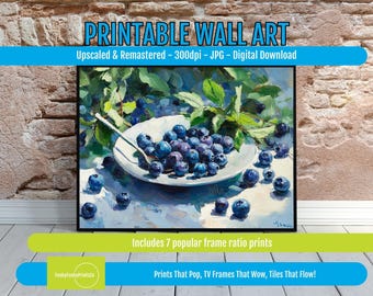 Blueberries Still Life Art Print – Vibrant Kitchen Decor, Colorful Fruit Artwork, Summer Produce Design, Modern Farmhouse Digital Download