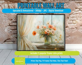 Curtains and Light Still Life Art Print, Pastel Poppy Vase Printable, Tranquil Digital Wall Decor for Peaceful Living Room