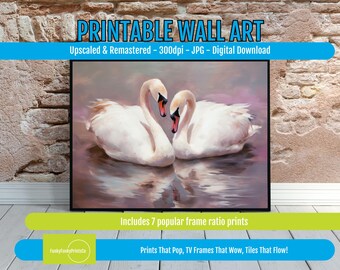 PRINTABLE Swan Art Romantic Swan Couple Wall Decor Pastel Lovebirds Digital Download Wildlife Painting for Home Decor