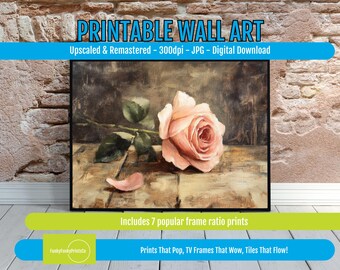 Still Life Art Pink Rose Digital Print, Realistic Flower Painting, Instant Download Home Decor, Elegant Botanical Wall Art