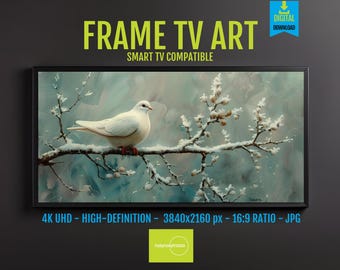 Winter Art Bird on Branch Frosted Twigs, Pastel Colors Nature UHD Digital Download, Snowy Scenery for Frame TV Screensaver