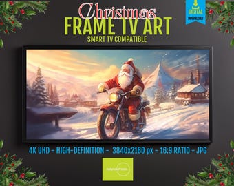 Christmas Motorcycle Santa Frame TV Art: Kris Kringle Biker on Snowy Path