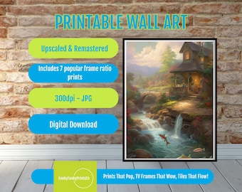 Photo Wall Art Print Cozy Cottage Waterfall, Thomas Kinkade Inspired Landscape, Printable Nature Decor, Instant Download Gift