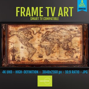Vintage Weltkarte Samsung FRAME TV Kunst - Antikes nautisches Design | Historisches Wanddekor | Alte Welt Digitaler Download | 4K HD 16x9