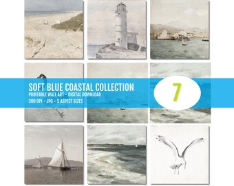 Soft Blue Wall Art Set of 7 Nautical Coastal Beach Prints, Ocean Seagull Boat Decor, Vintage PRINTABLE Art for Relaxing Home Decor