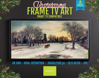 Winter Village Scene Print: Snowy Path and Church (Digital Download)
