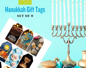 PRINTABLE Happy Hanukkah Tags - Instant Download, Chanukah Gift Label Bundle, Festive Hanukkah Decor Set of 9"