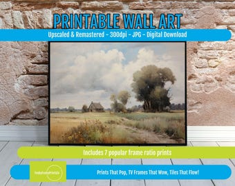 Countryside Landscape Print – Rustic Cottage and Wildflowers, Tranquil Country Decor, Vintage Garden Artwork, Digital Download Printable