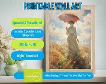 Vintage Lady with Parasol Wall Art - Impressionist PRINTABLE Art, Romantic Summer Landscape, Digital Download, Elegant Victorian Decor