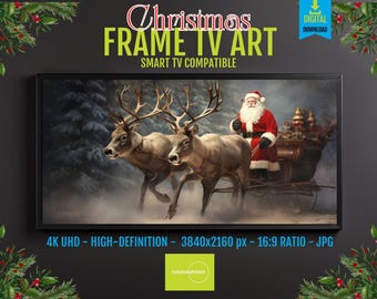 Santa and His Sleigh Frame TV Art: Christmas Reindeer 4K Screensaver