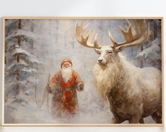Printable Christmas Wall Art – Santa and Reindeer Flying Over Winter Village, Festive Holiday Decor, Vintage Christmas Digital Download