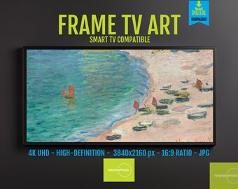 Seaside Painting Coastal Beach Boats Impressionist Art for FRAME TV, Claude Monet Style Coastal Wall Decor, 4K 16x9, HD Screensaver, 8377