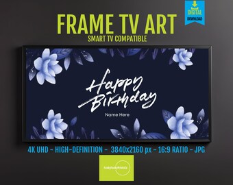 Personalized Happy Birthday TV - Samsung Frame TV Art in Blue and Purple Flowers - Digital Download for Birthday Party Decor | 4K HD