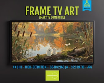 Samsung Frame TV Art: Moss Covered Log Cartoon Ghosts 4K UHD, Whimsical Autumn Nature Scene, Digital Download Decor