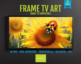 Ladybug Screensaver with Vibrant Sunflowers, Bright Realistic Digital Wall Art 4K UHD for Samsung Frame TV, Instant Download Decor